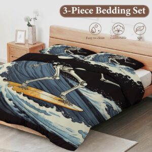 Delerain Comforter Set Queen Size, Skeleton Surfing Surfboard 3-Piece Bedding Set for Women Men Modern Soft Microfiber Bedroom Set Room Decor, 1 Duvet Cover + 2 Pillowcases