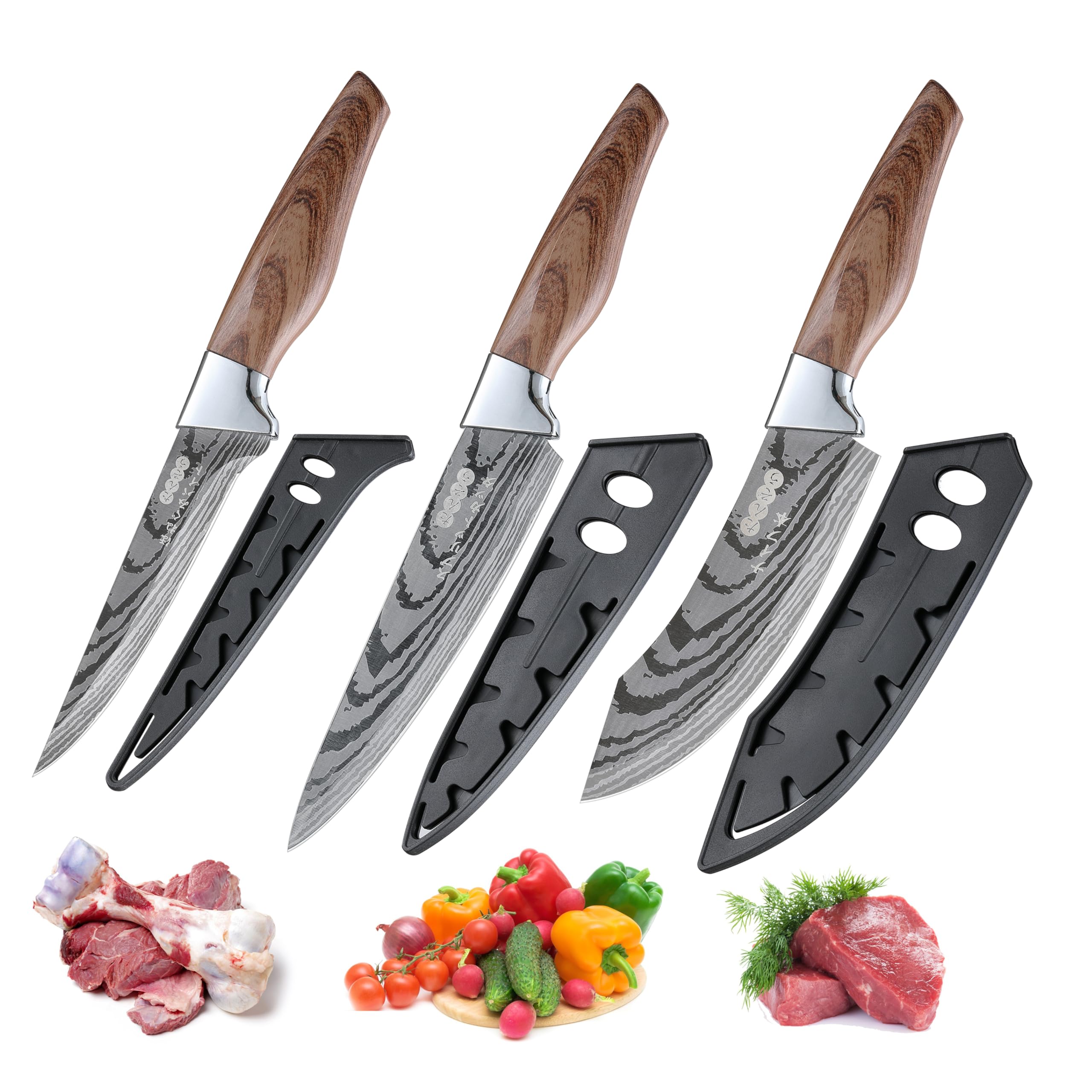 3PCS Japanese Kitchen Knife Set, Kaloo Japanese Knives, 7inch Chef knife, 7inch Cleaver knife, 6inch Boning knife and 3 Matched Knife Sheath, Stainless Steel Blade with Ergonomic Plastic Handle