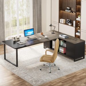 Tribesigns 70.8" Executive Desk with 55" File Cabinet, Industrial L Shaped Computer Desk with Storage Shelves and Cabinet, Large L Shaped Executive Desk for Home Office, Retro Gray & Black