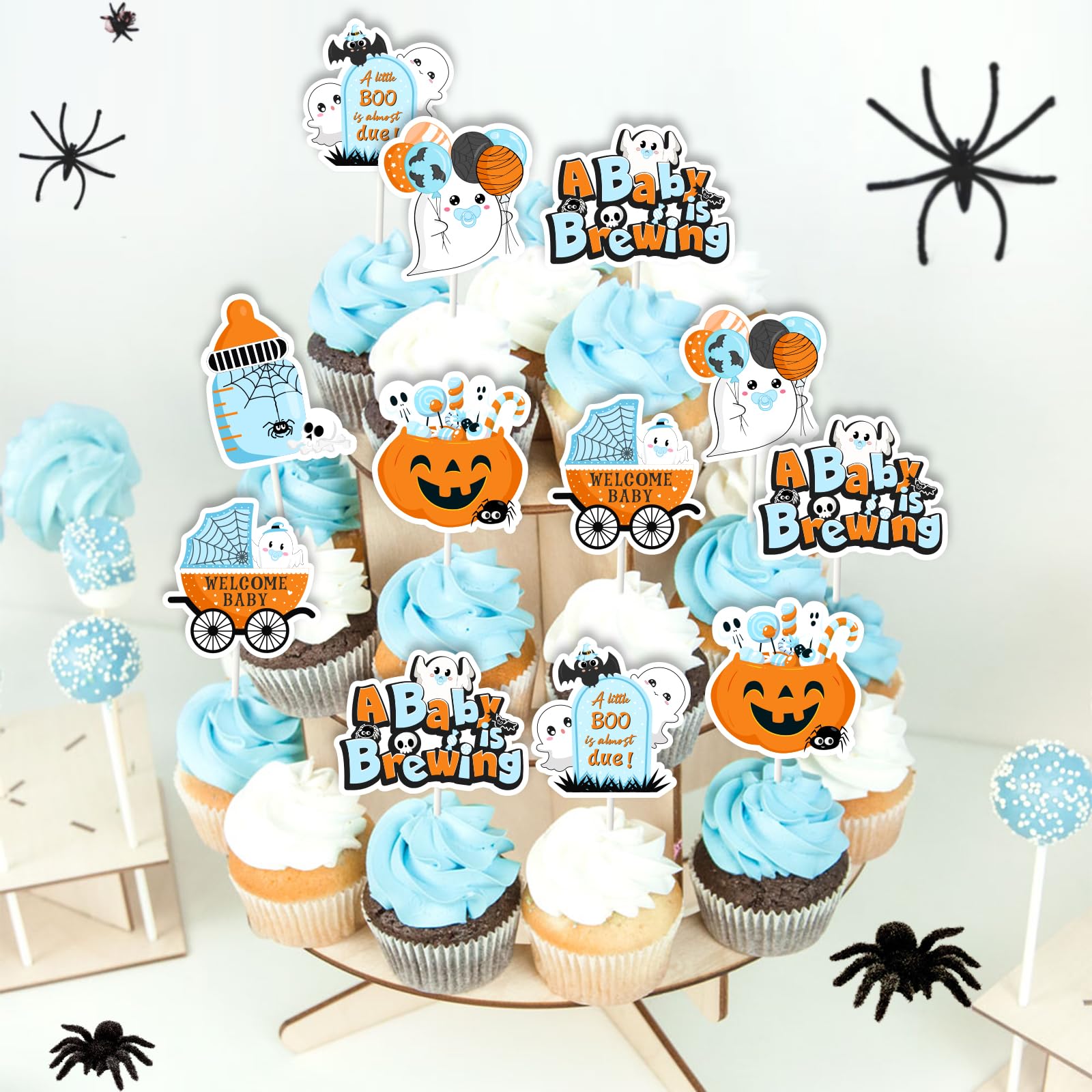 Jollyboom Halloween Baby Shower Party Decoration Boy, 36Pcs A Baby Is Brewing Baby Shower Decorations Cupcake Topper for A Little Boo Is Almost Due Halloween Welcome Baby Shower Gender Revel