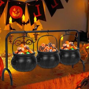 Zcaukya Halloween Decorations, 3 Packs Plastic Witch Cauldrons Hanging On Iron Rack, Black Witch Pots Set with Stand Candy Holders for Haunted House Halloween Party Supplies Tabletop Decor