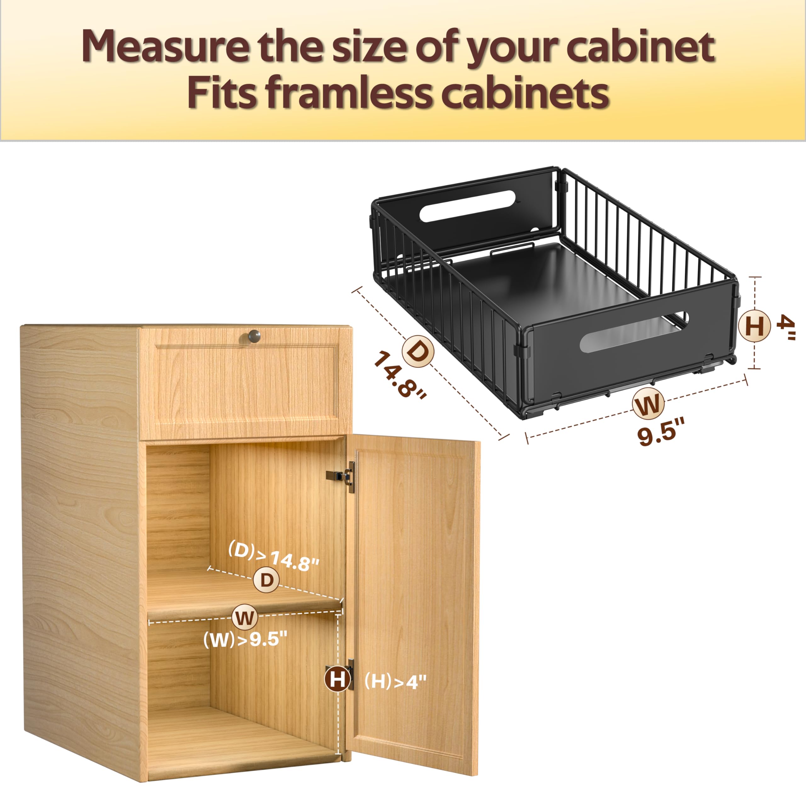 ALANSON 4 Pack Pull Out Cabinet Organizer, Pull out drawers for cabinets with EVA Adhesive Tape, Heavy Duty Sliding Kitchen Organizers and Storage, Suitable for Pantry, Bathroom, Bedroom