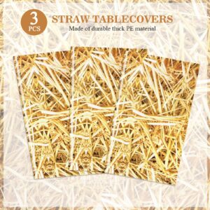 PHOGARY Straw Tablecloth for Cowboy Party Decorations, 3 Pack Fake Hay Table Cover for Farm Birthday Decorations Plastic Country Party Tablecloths, Farm Table Cloth for Tractor/Westtern Baby Shower