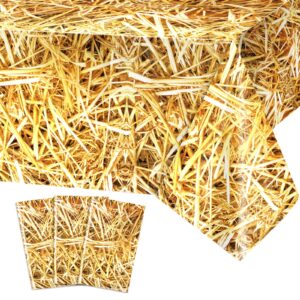 phogary straw tablecloth for cowboy party decorations, 3 pack fake hay table cover for farm birthday decorations plastic country party tablecloths, farm table cloth for tractor/westtern baby shower