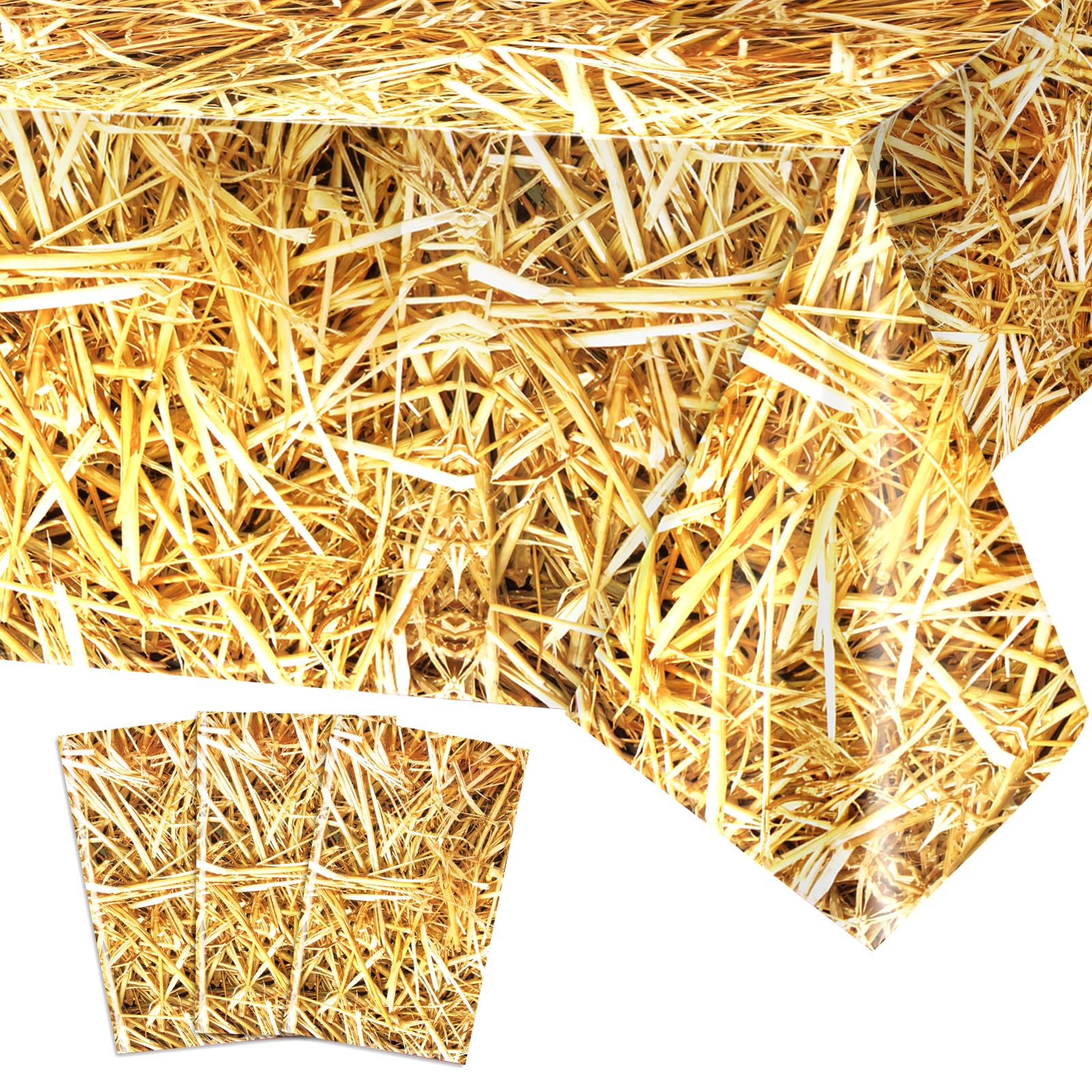 PHOGARY Straw Tablecloth for Cowboy Party Decorations, 3 Pack Fake Hay Table Cover for Farm Birthday Decorations Plastic Country Party Tablecloths, Farm Table Cloth for Tractor/Westtern Baby Shower