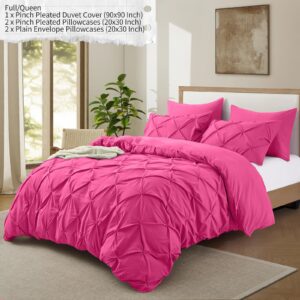 VACVELT 5 Piece Pinch Pleated Duvet Cover Full/Queen Size Set, Hot Pink Pintuck Duvet Cover with Zipper & 8 Ties, Shabby Chic Microfiber Duvet Cover + 2 Pillow Shams + 2 Pillowcases, No Comforter