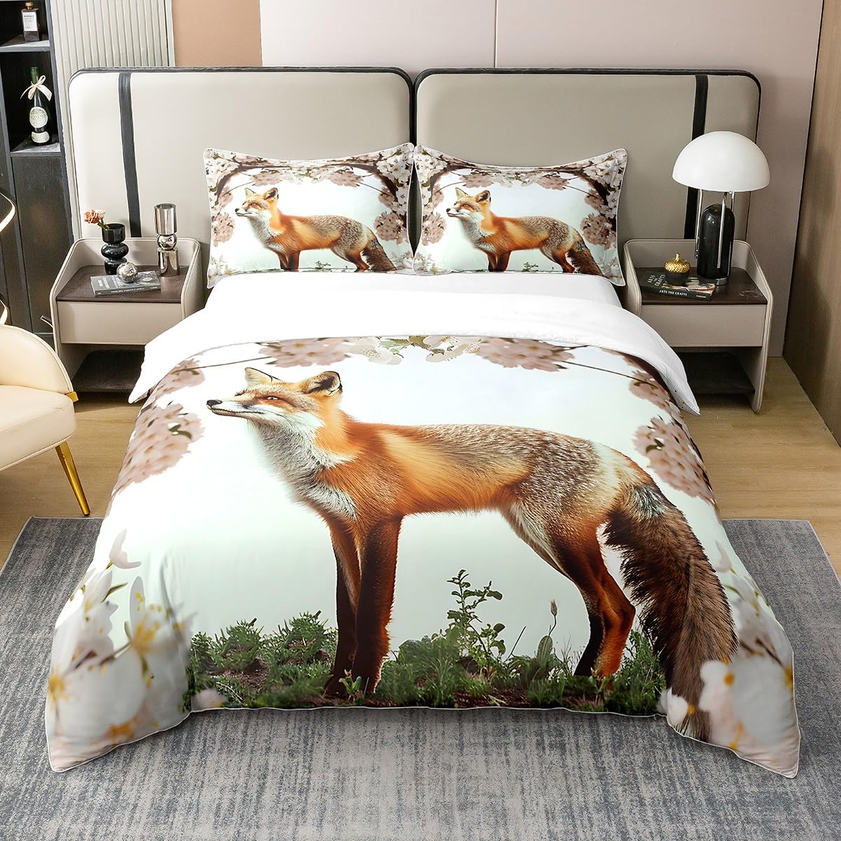 Feelyou Fox Duvet Cover 100% Cotton Boys Girls Twin Size Cute Cartoon Fox Bedding SetWoodland Fox Comforter Cover Set Wild Animal Bedspread Cover Room Decor Cherry Blossoms Bedclothes Zipper