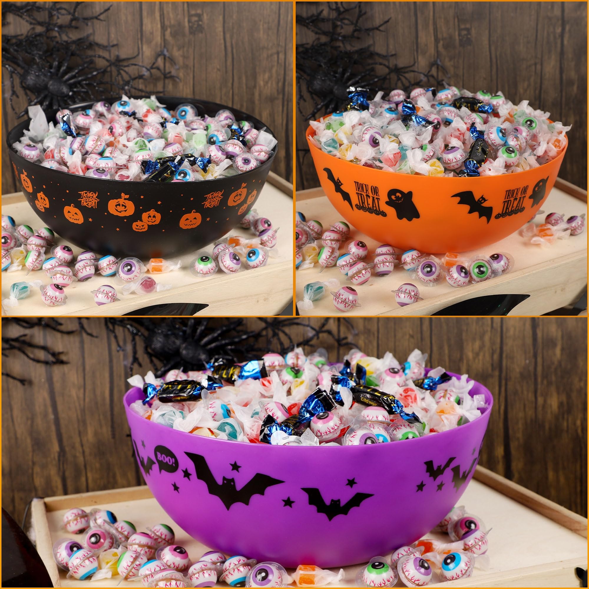 Zcaukya 3 Packs Halloween Candy Bowls, 9.6" Plastic Trick-Or-Treat Holders Pattered with Bat Ghost Jack-O-Lantern, Purple Black Orange Treats Serving Trays for Halloween Parties Supplies