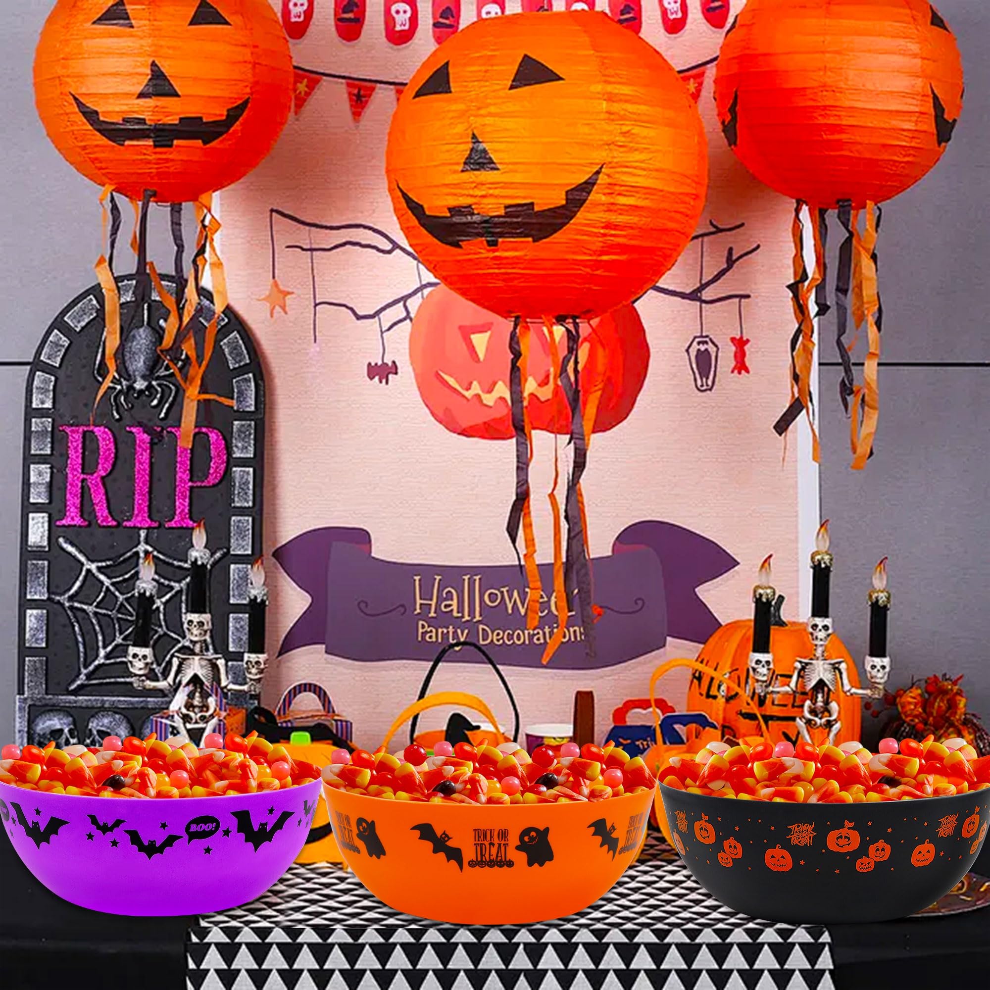 Zcaukya 3 Packs Halloween Candy Bowls, 9.6" Plastic Trick-Or-Treat Holders Pattered with Bat Ghost Jack-O-Lantern, Purple Black Orange Treats Serving Trays for Halloween Parties Supplies