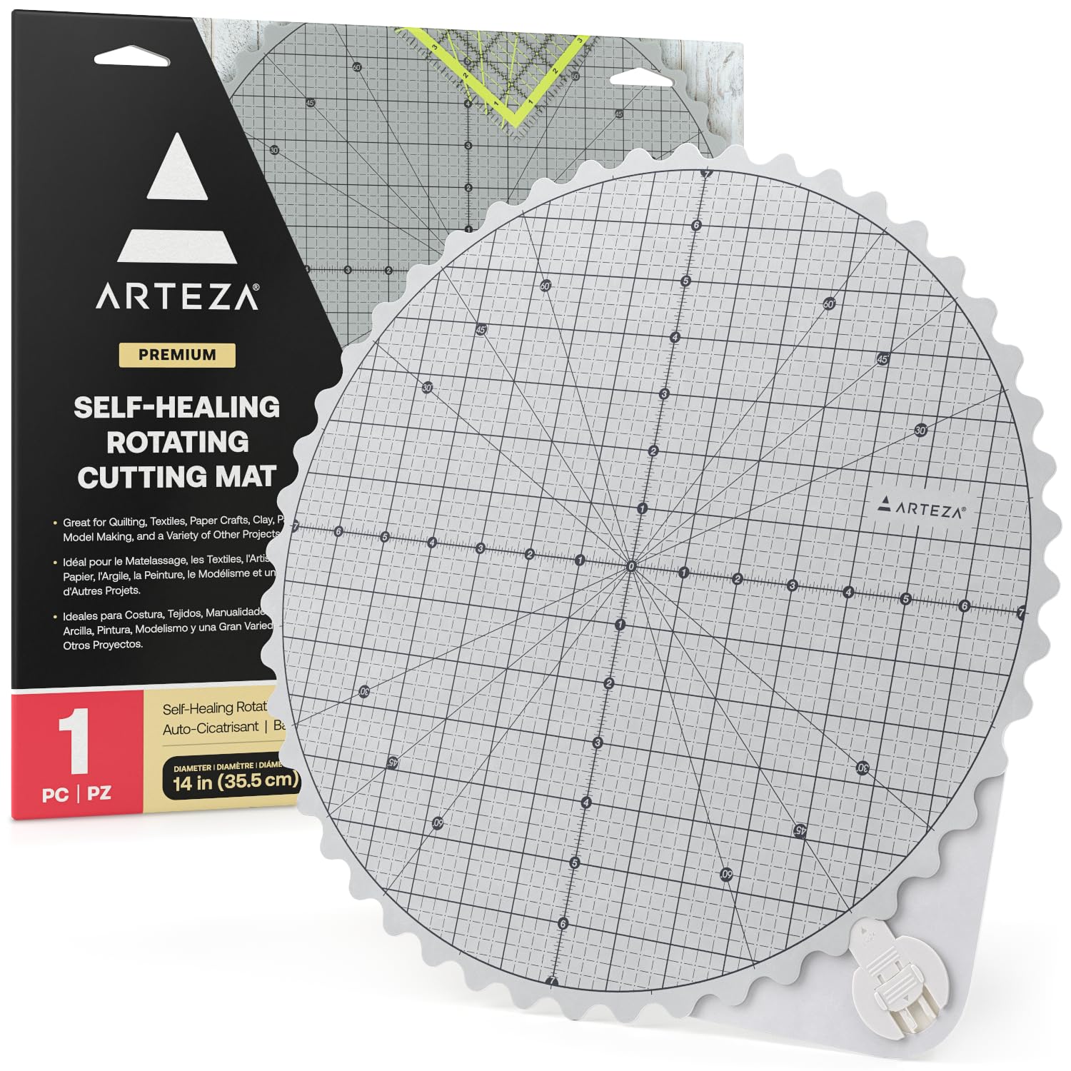 ARTEZA 14 Inch Premium Self-Healing Rotating Cutting Mat, Scalloped Edge, 360° Rotation, Locking Feature, for Quilting and Crafting