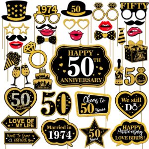 50th wedding anniversary photo booth props, fully assembled happy wedding anniversary decorations, black and gold funny prom photo props