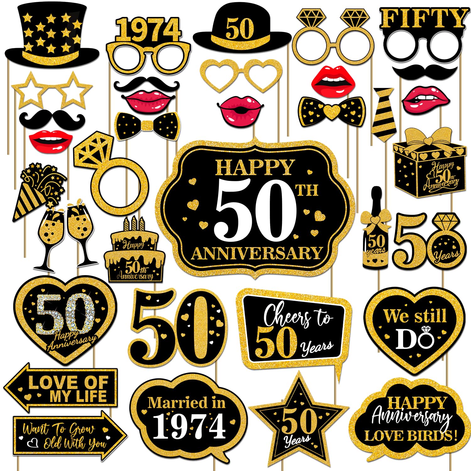 50th Wedding Anniversary Photo Booth Props, Fully Assembled Happy Wedding Anniversary Decorations, Black and Gold Funny Prom Photo Props