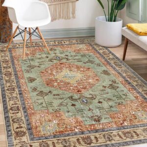 washable boho area rug red rust green large living room 5'×7' rug non-slip soft oriental vintage bedroom carpet dining room nursery home office indoor decor