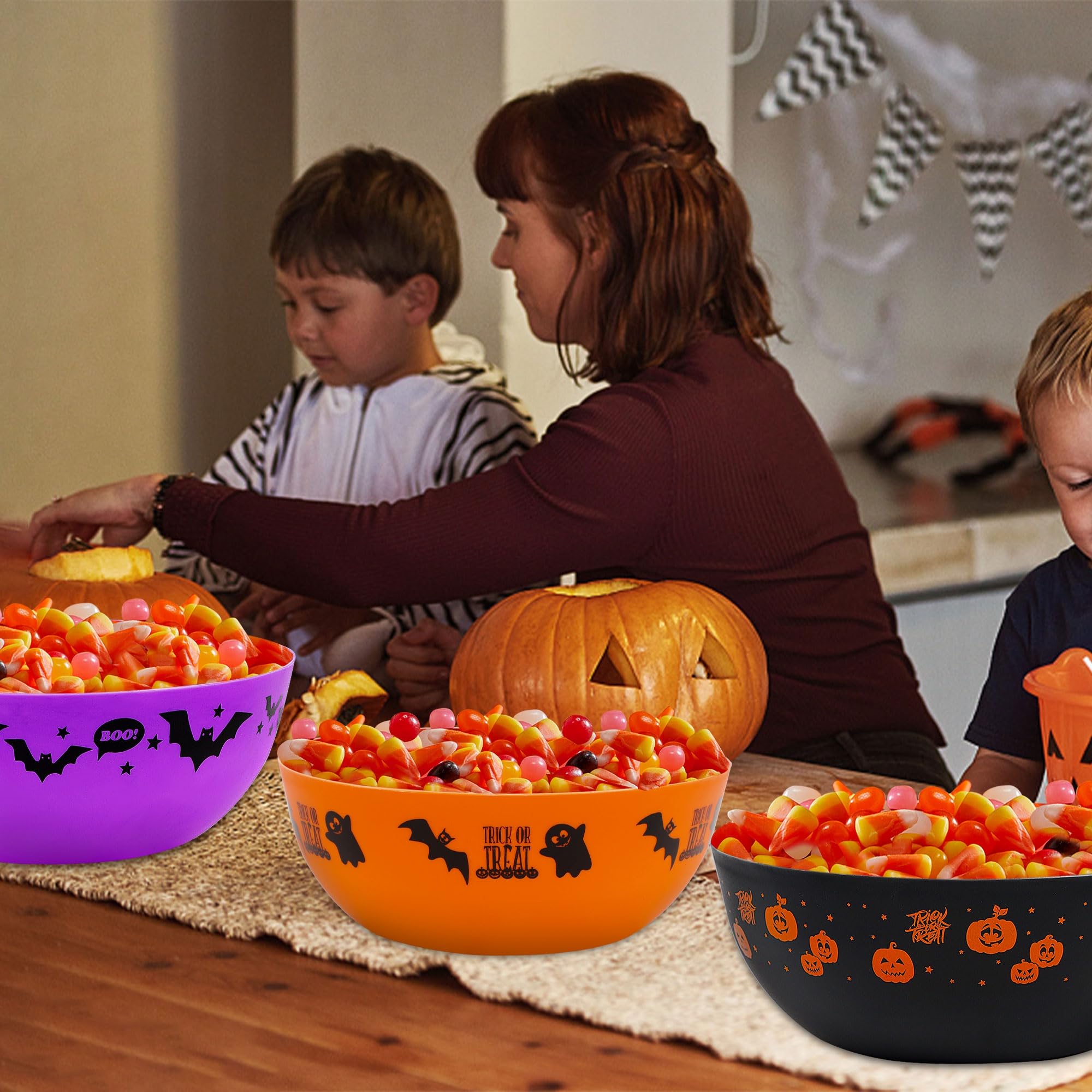 Zcaukya 3 Packs Halloween Candy Bowls, 9.6" Plastic Trick-Or-Treat Holders Pattered with Bat Ghost Jack-O-Lantern, Purple Black Orange Treats Serving Trays for Halloween Parties Supplies