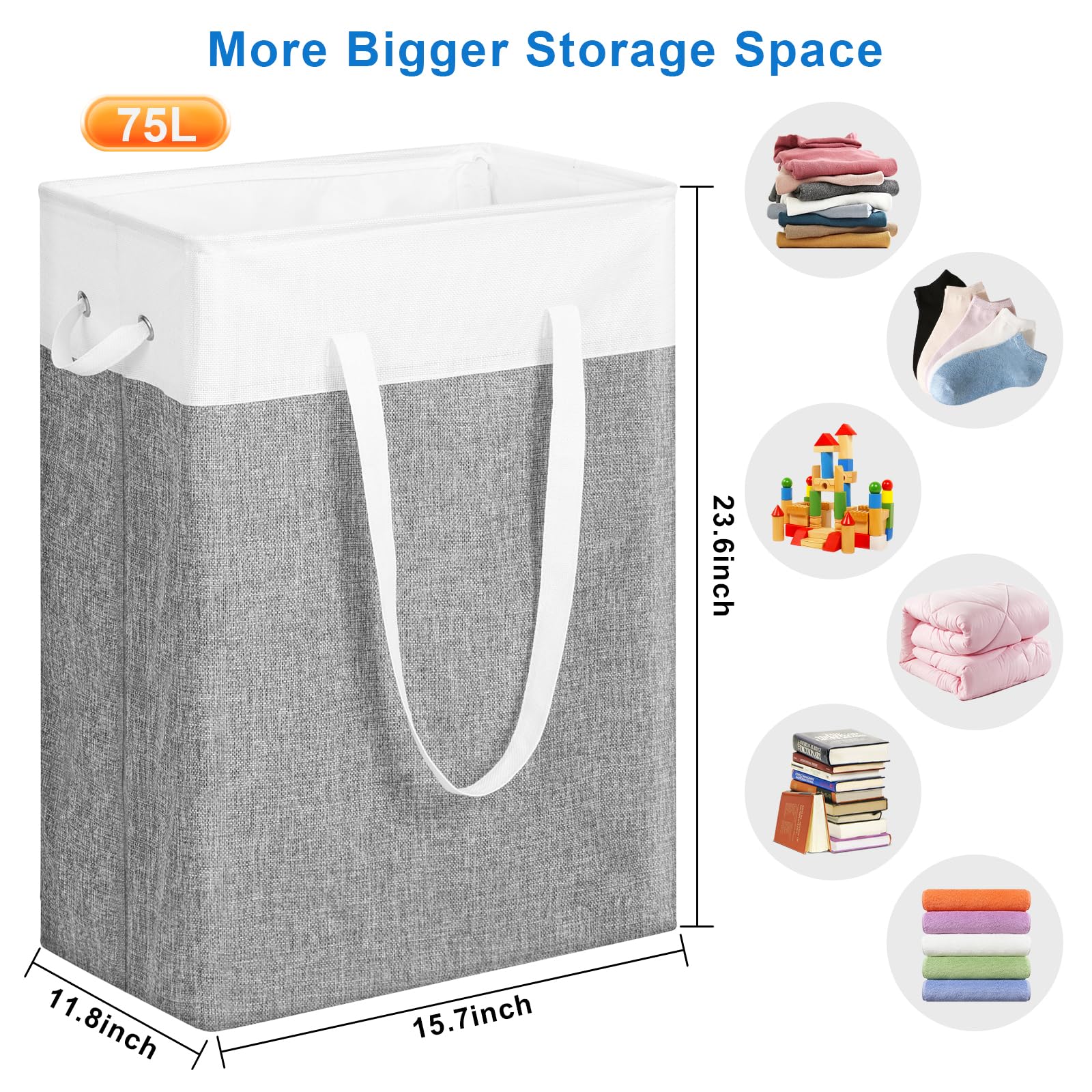 Stero Fabric Laundry Hamper, 75L Large Laundry Basket with Handles, Collapsible Dirty Clothes Hamper for Laundry Dorm, Bedroom, Bathroom, Grey&White