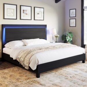 amerlife wood king bed frame with 47" headboard, rustic platform bed with led lights, mattress foundation with wooden slats support, no box spring needed/noise free, black