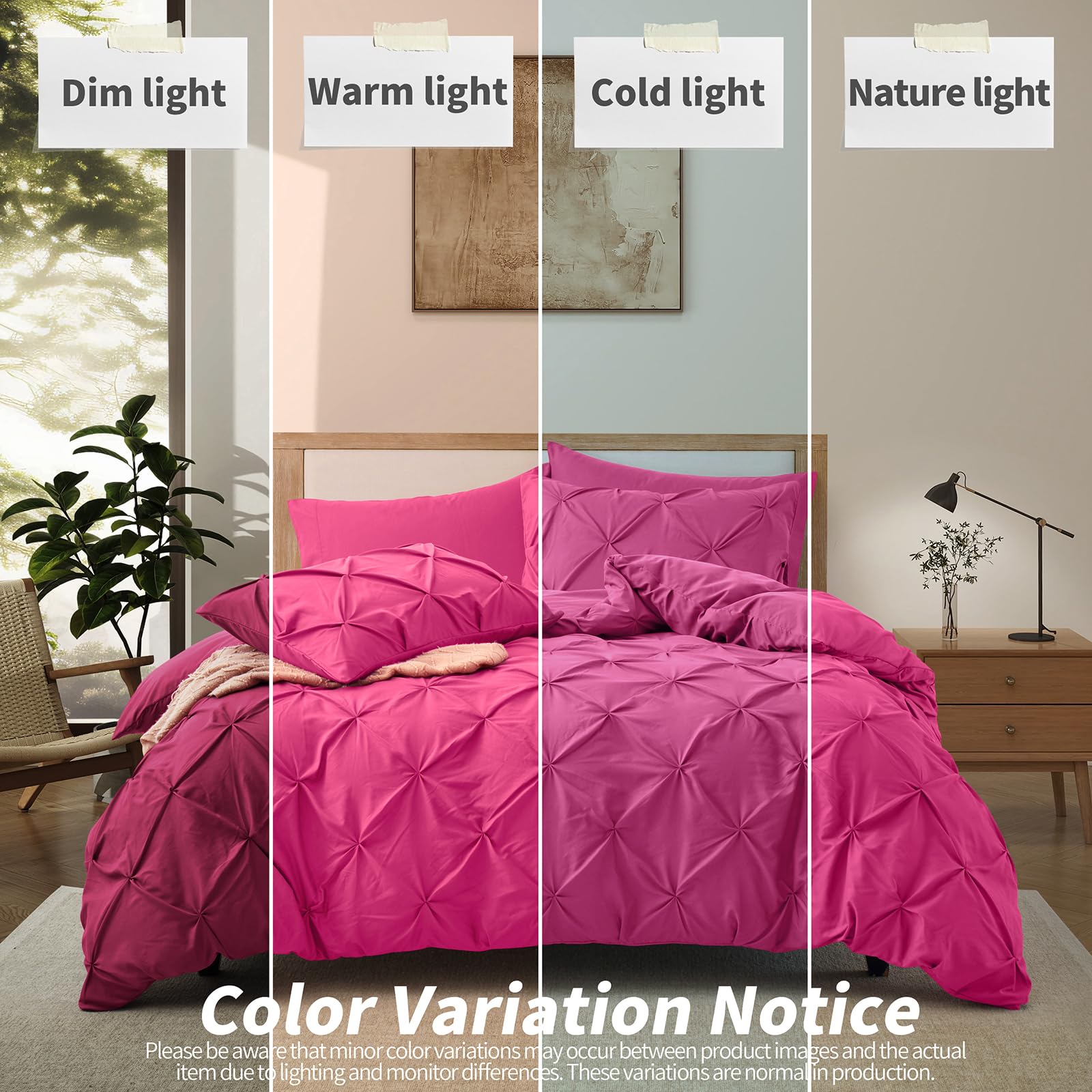 VACVELT 5 Piece Pinch Pleated Duvet Cover Full/Queen Size Set, Hot Pink Pintuck Duvet Cover with Zipper & 8 Ties, Shabby Chic Microfiber Duvet Cover + 2 Pillow Shams + 2 Pillowcases, No Comforter