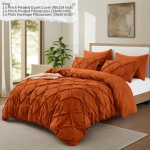 VACVELT 5 Piece Pinch Pleated Duvet Cover King Size Set, Burnt Orange Pintuck Duvet Cover with Zipper & 8 Ties, Shabby Chic Microfiber Duvet Cover + 2 Pillow Shams + 2 Pillowcases, No Comforter