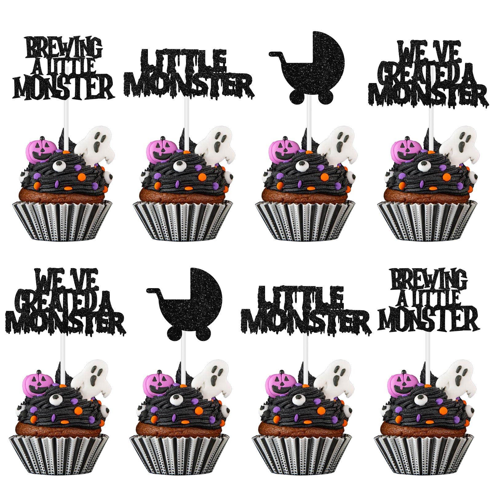 kreat4joy Halloween Baby Shower Decorations Cupcake Toppers, 36Pcs Monster Baby Shower Decorations Cupcake Toppers for a Baby Is Brewing Baby Shower Halloween Decorations