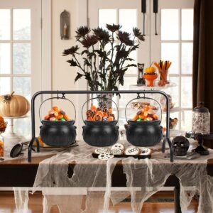 Zcaukya Halloween Decorations, 3 Packs Plastic Witch Cauldrons Hanging On Iron Rack, Black Witch Pots Set with Stand Candy Holders for Haunted House Halloween Party Supplies Tabletop Decor