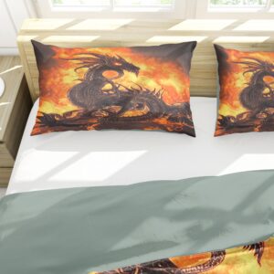 Fire Dragon Bedding Set - 3 Pieces Bedding Set (1 Quilt Cover+2 Pillow Shams) for Girls Boys Adults - Soft Comfortable Comforter Sets with Zipper for Bedroom Hotel - Full Size: 200*230(80*90in)