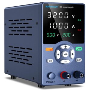 dc power supply, variable power supply with output button, usb fast charging port, bench power supply with ocp short circuit alarm, usb output current display, mute mode (30v 10a)