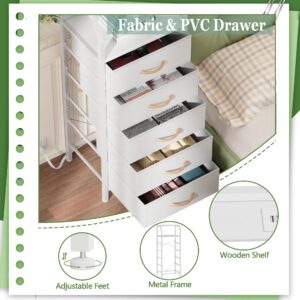 Furnulem 5 Drawers Dresser with Charging Station, Tall Night Stand with Open Shelf, Storage Tower with PVC & Fabric Drawer, Bedside Table for Bedroom, Closet, Entryway, 3 Ways to Use, White