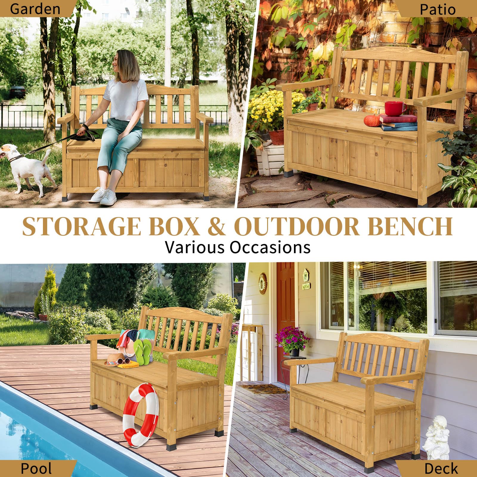 Cedar Wood Deck Box Bench, Storage Box with Backrest Armrest, All-Weather Yard Container Furniture for Tools, Toys, Outdoor Storage Bench Deck Box w/Seat for Backyard, Porch, Patio (Bright Yellow)