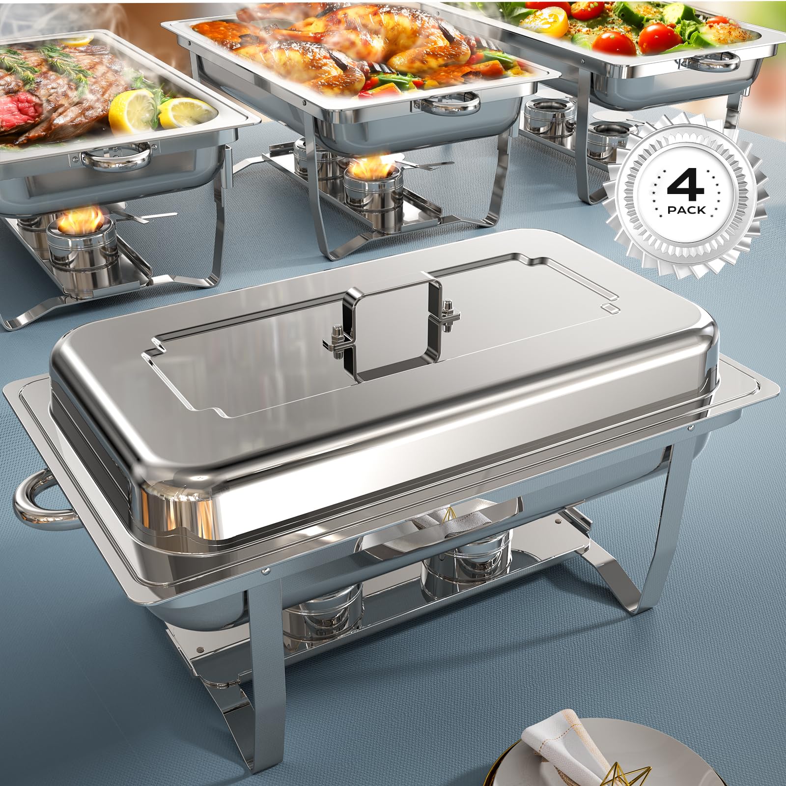 Chafing Dishes for Buffet 4 Pack, [Ultrasonic Mirror Polishing] Chafing Dish Buffet Set 9QT, [Rolled Edge Finger Protection] Buffet Servers and Warmers for Any Party, Wedding, Birthday and Hotel