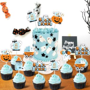 Jollyboom Halloween Baby Shower Party Decoration Boy, 36Pcs A Baby Is Brewing Baby Shower Decorations Cupcake Topper for A Little Boo Is Almost Due Halloween Welcome Baby Shower Gender Revel