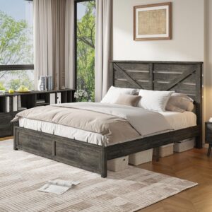 luxoak king size farmhouse wooden bed frame, platform bed frame with 49.2" headboard/no box spring needed/noisy free/easy assembly/grey