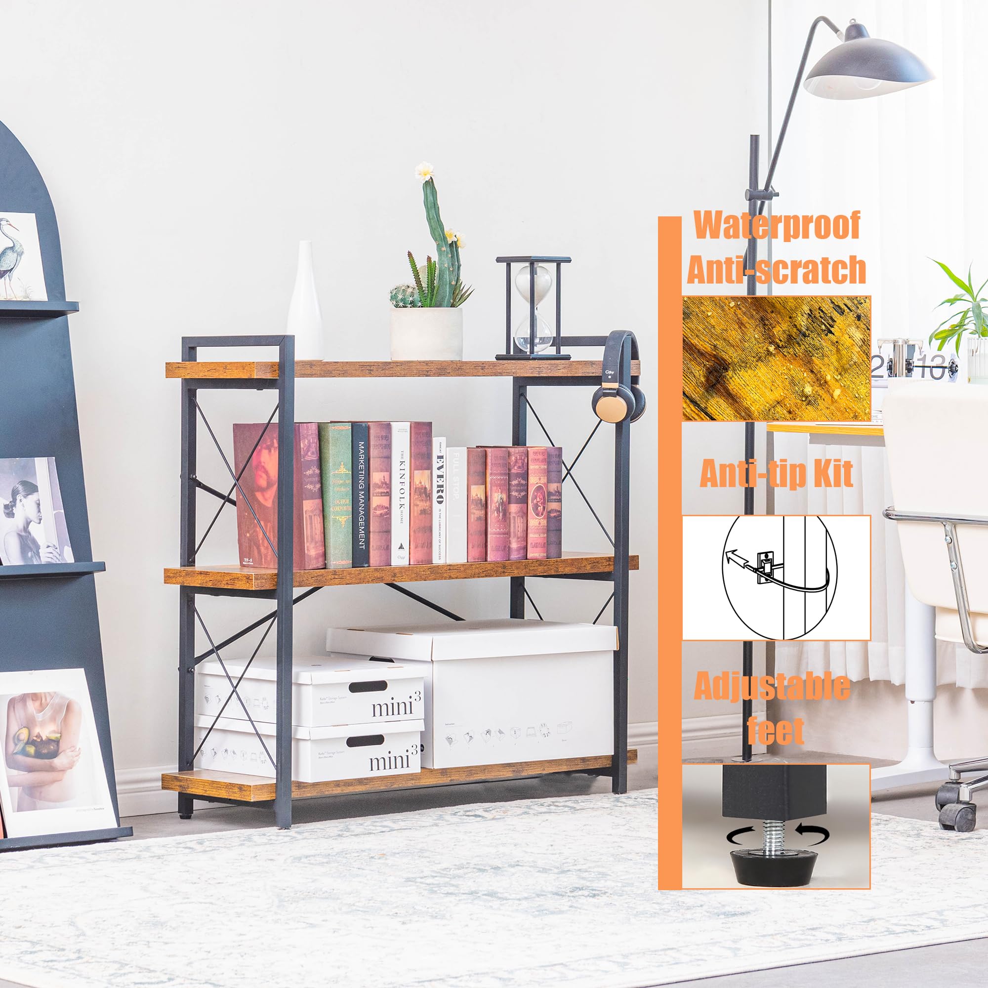 BCLOUDNEST Bookshelf, 3 Tier Book Shelf, Industrial Bookcase for Living Room, Home Office and Kitchen