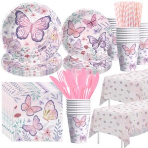 suhelkit butterfly party decorations tableware - butterfly birthday party supplies, paper plate, cup, napkin, tablecloth, disposable cutlery, butterfly baby shower decorations for girl | serve 24