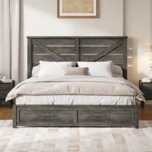 LUXOAK King Size Farmhouse Wooden Bed Frame, Platform Bed Frame with 49.2" Headboard/No Box Spring Needed/Noisy Free/Easy Assembly/Grey