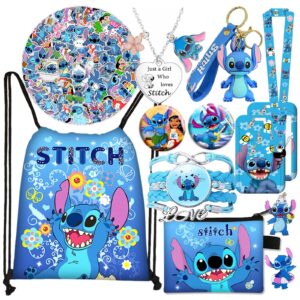 fetelaz stitch stuff merch gifts set, include drawstring bag backpack coin wallet stickers lanyard necklace bracelet keychain phone holder button pins for girls teens adults