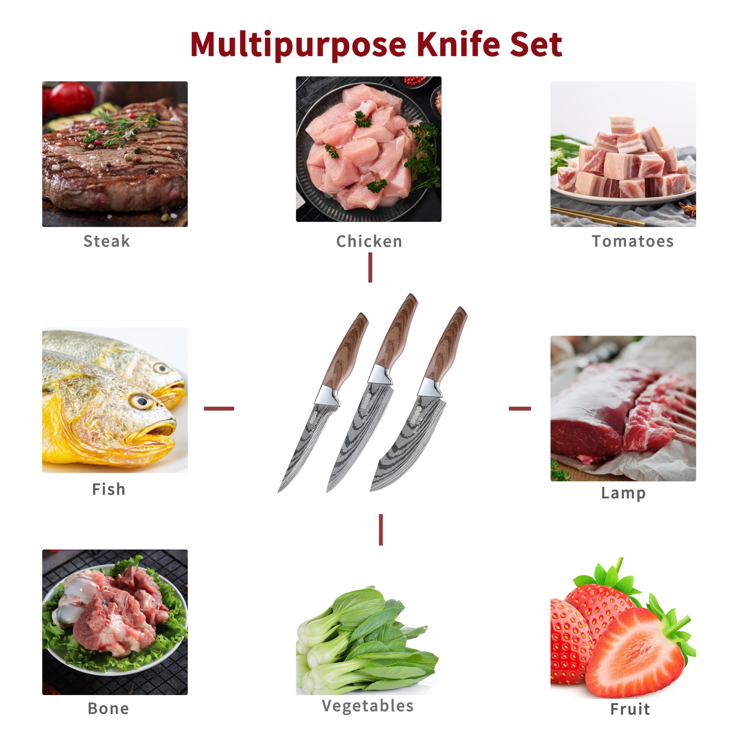 3PCS Japanese Kitchen Knife Set, Kaloo Japanese Knives, 7inch Chef knife, 7inch Cleaver knife, 6inch Boning knife and 3 Matched Knife Sheath, Stainless Steel Blade with Ergonomic Plastic Handle