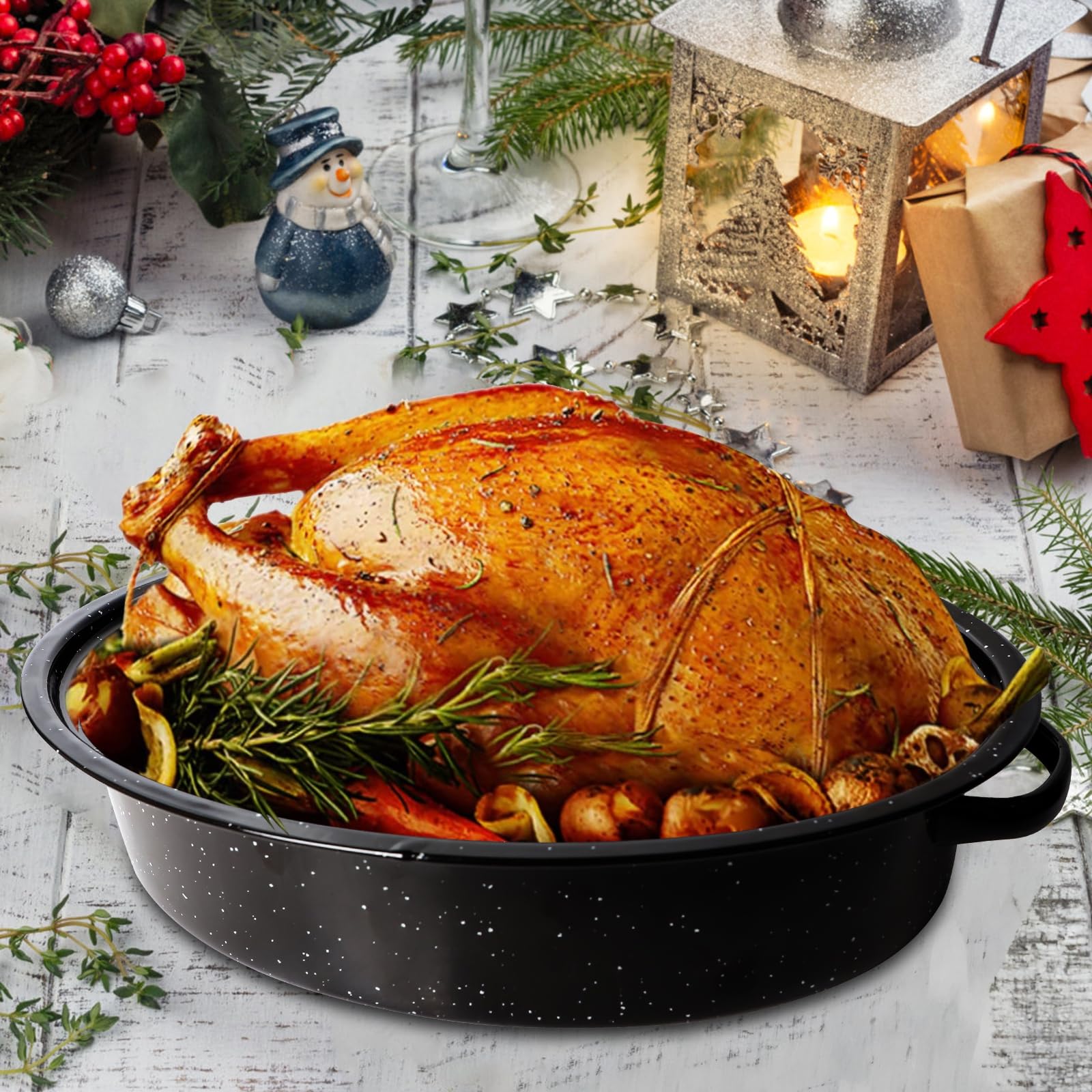 MorTime Granite Roasting Pan, 14.5" Enameled Oval Roaster Pot with Lid for Small Turkey, Chicken, Ham, Broiler Pan for Oven, Dishwasher