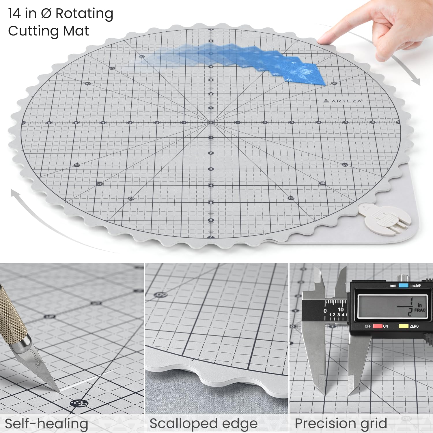 ARTEZA 14 Inch Premium Self-Healing Rotating Cutting Mat, Scalloped Edge, 360° Rotation, Locking Feature, for Quilting and Crafting