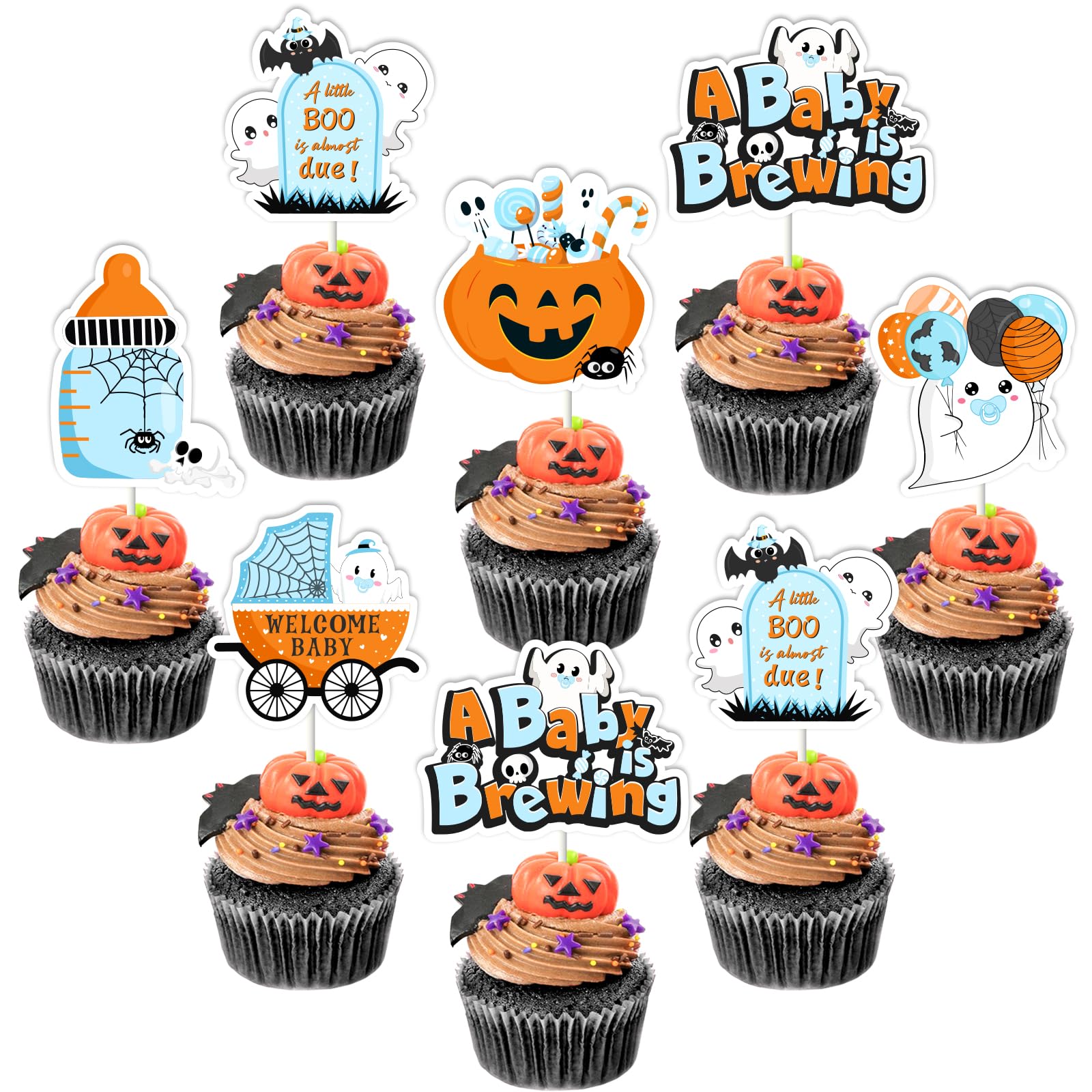 Jollyboom Halloween Baby Shower Party Decoration Boy, 36Pcs A Baby Is Brewing Baby Shower Decorations Cupcake Topper for A Little Boo Is Almost Due Halloween Welcome Baby Shower Gender Revel