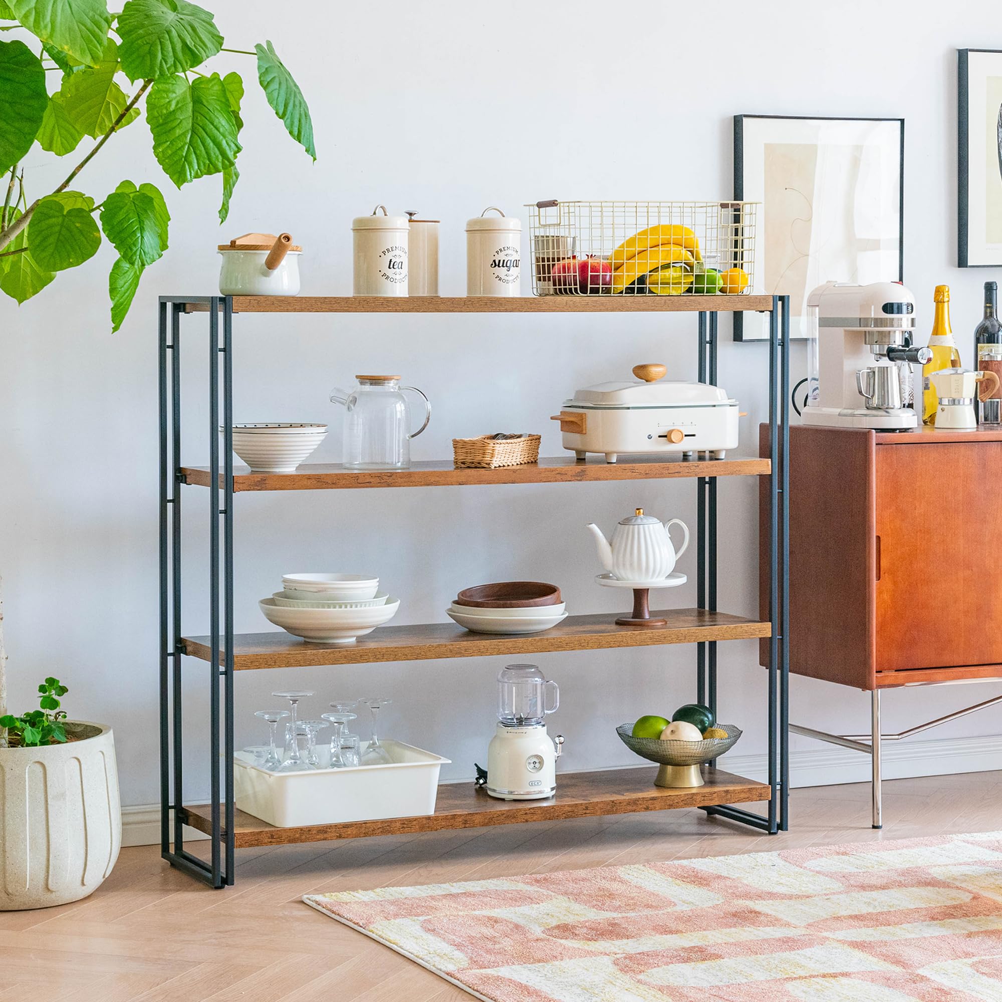 BCLOUDNEST Bookshelf, 4 Tier Tall Bookcase, Industrial Book Shelf for Living Room, Home Office, Kitchen, Rustic Brown