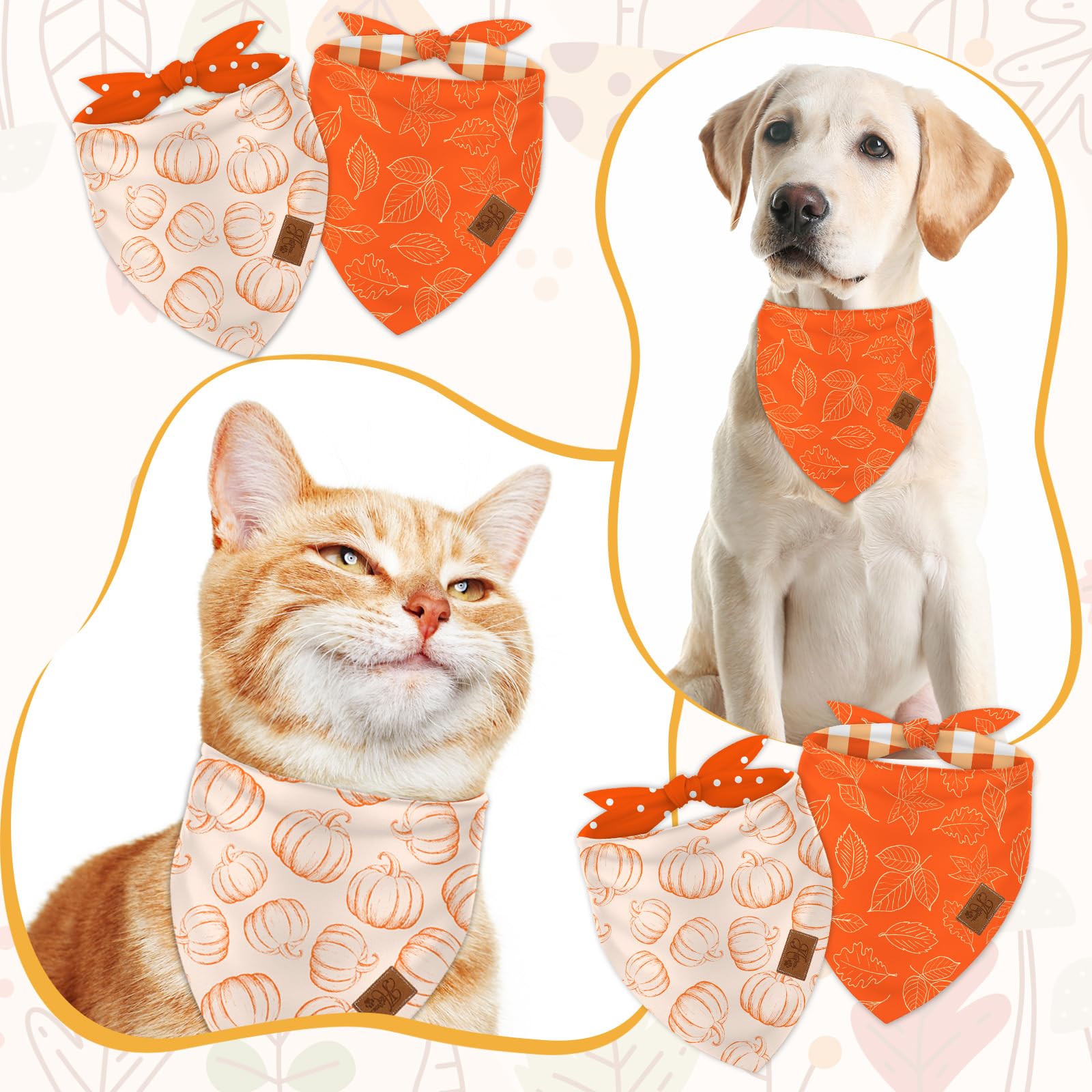 JarThenaAMCS 2Pcs Fall Reversible Dog Bandana Pumpkin Polka Dot Autumn Leaves Gingham Triangle Pet Scarf Orange Adjustable Pet Neckerchief Dog Bibs for Dog Cat Costume Accessories