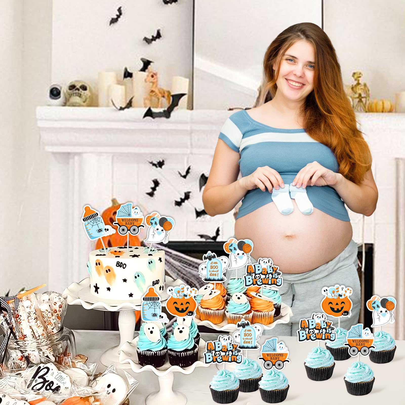 Jollyboom Halloween Baby Shower Party Decoration Boy, 36Pcs A Baby Is Brewing Baby Shower Decorations Cupcake Topper for A Little Boo Is Almost Due Halloween Welcome Baby Shower Gender Revel