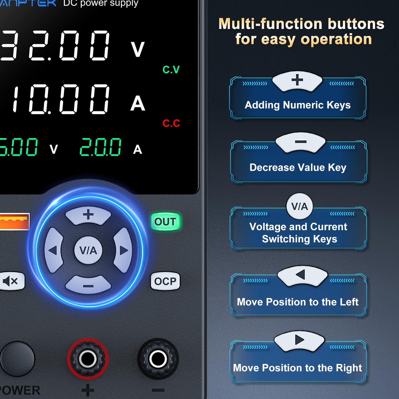 DC Power Supply Variable, Bench Power Supply with Precise Voltage & Current Setting Button, Variable Power Supply with Output Button, USB Fast Charging Port, OCP Short Circuit Alarm (30V 10A Black)