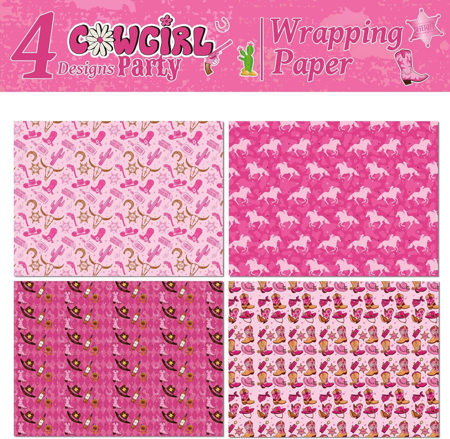 12 Sheets Western Cowgirl Gift Wrapping Paper,Wild West Cowgirl Style Wrapping Paper For Kids Girl's Birthday Party DIY Gift Packing,Cowgirl Birthday Party Favor,20 x 27 Inch