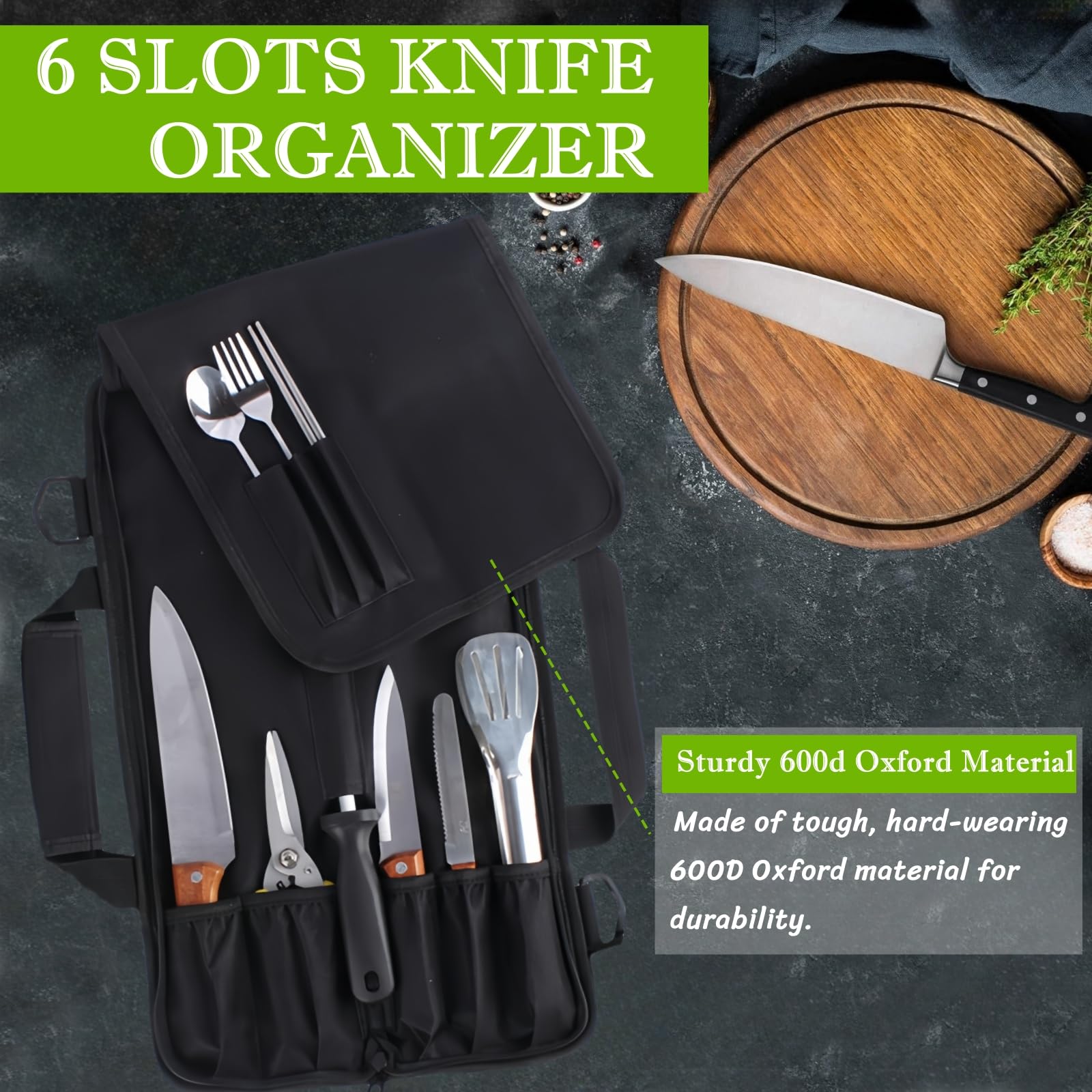 BLIRITEL Chef Knife Roll Bag, 6 Slots Knife Organizer Holds 5 Knives Plus a Protected Pouch for Your Knife Steel, Knife Carrier Case with Handle and Shoulder Strap (Bag Only)