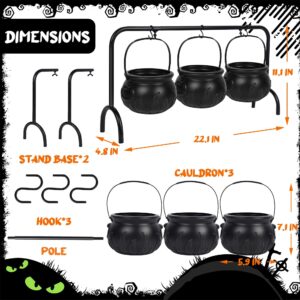 Zcaukya Halloween Decorations, 3 Packs Plastic Witch Cauldrons Hanging On Iron Rack, Black Witch Pots Set with Stand Candy Holders for Haunted House Halloween Party Supplies Tabletop Decor