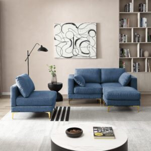 N NOORDENIYA 93'' L Shape Sectional Sofa Couch, Sectional Couch Reversible Chaise with Footstool Ottoman, 3-Seater Sofa Couch Set for Apartment, Living Room, Bedroom, Office. Blue Polyester