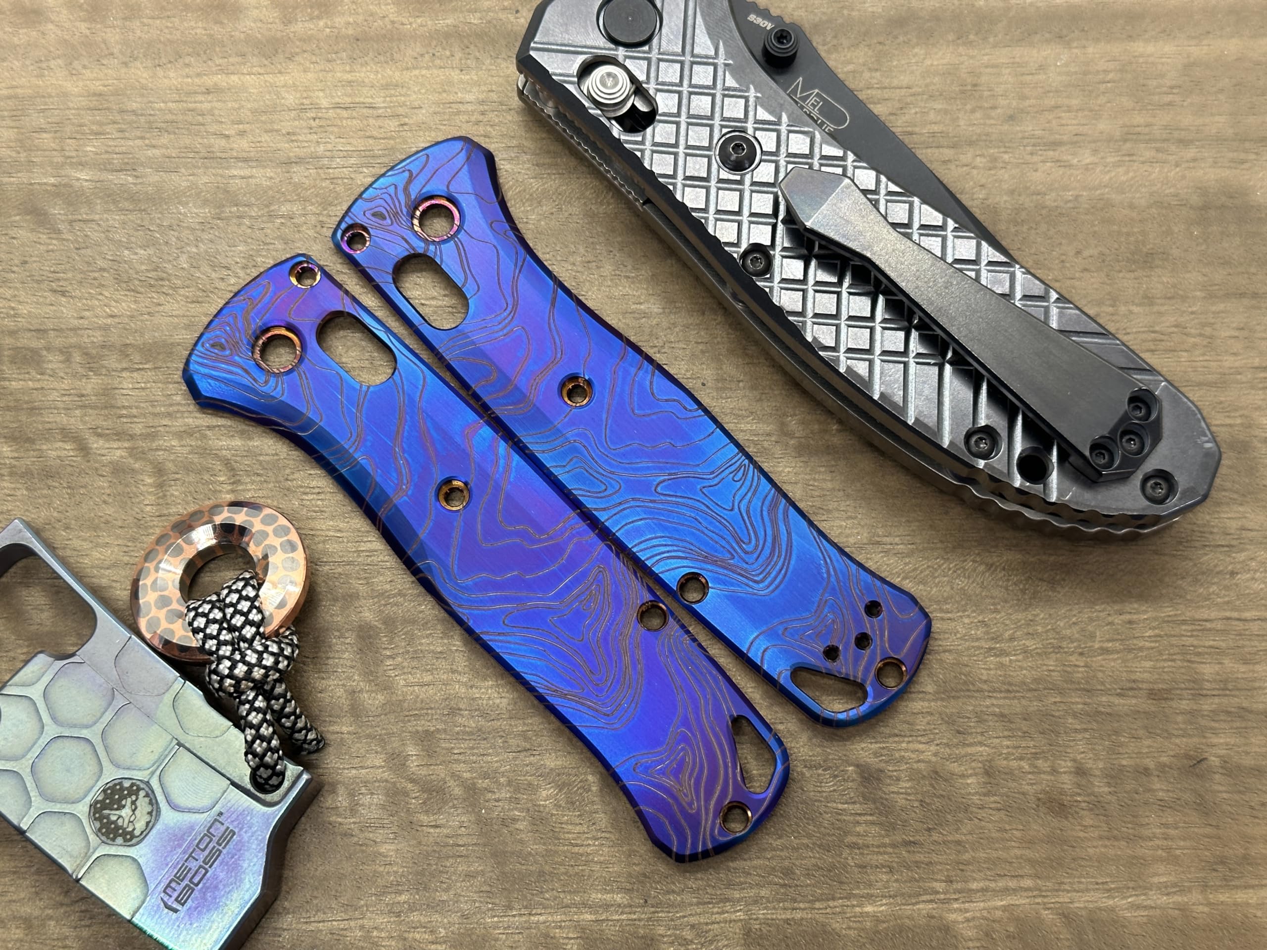 Flamed TOPO engraved Titanium Scales for Benchmade Bugout 535