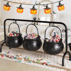 zcaukya halloween decorations, 3 packs plastic witch cauldrons hanging on iron rack, black witch pots set with stand candy holders for haunted house halloween party supplies tabletop decor