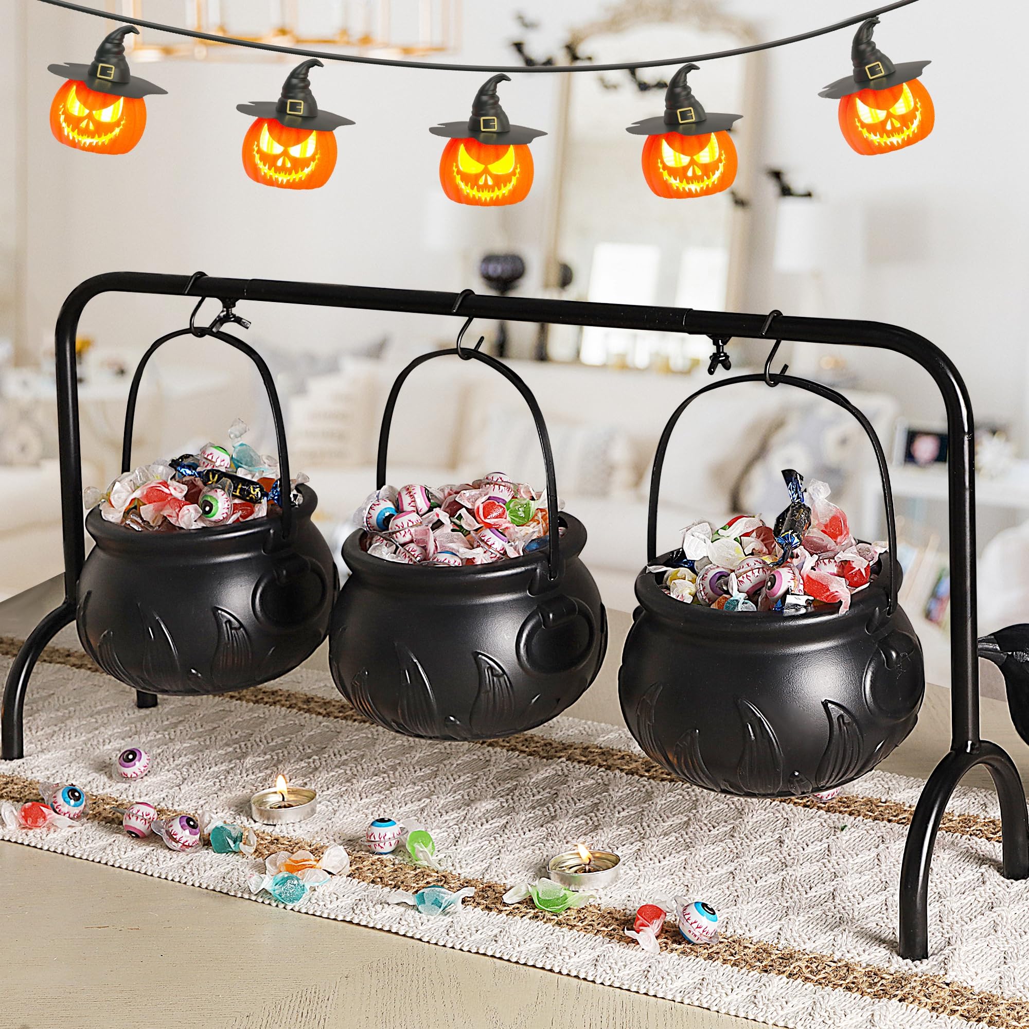 Zcaukya Halloween Decorations, 3 Packs Plastic Witch Cauldrons Hanging On Iron Rack, Black Witch Pots Set with Stand Candy Holders for Haunted House Halloween Party Supplies Tabletop Decor